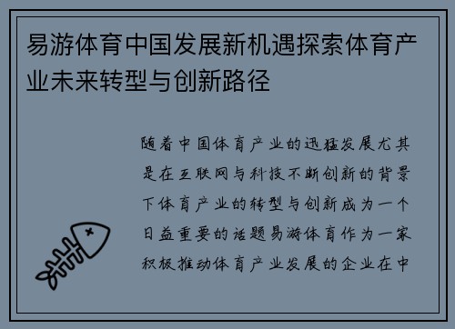 易游体育中国发展新机遇探索体育产业未来转型与创新路径