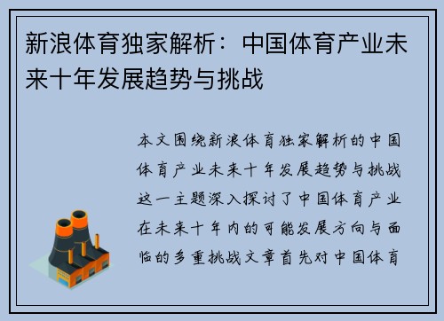 新浪体育独家解析：中国体育产业未来十年发展趋势与挑战
