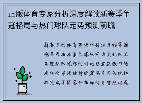 正版体育专家分析深度解读新赛季争冠格局与热门球队走势预测前瞻